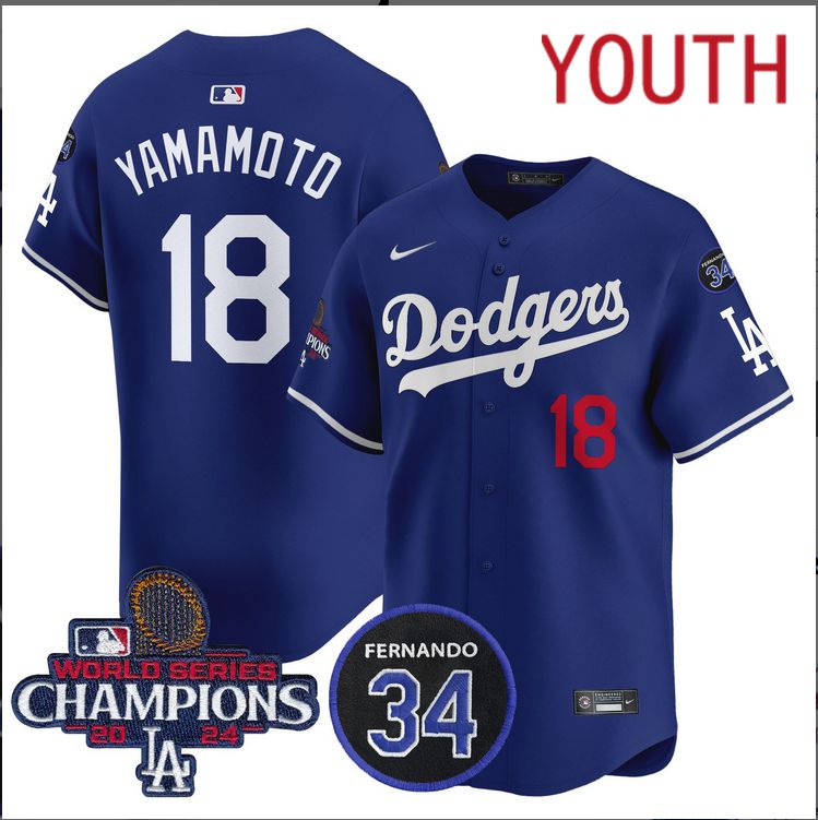 Youth MLB Los Angeles Dodgers 18 Yamamoto blue 2024 World Series Champions Patch Limited Jersey style 4